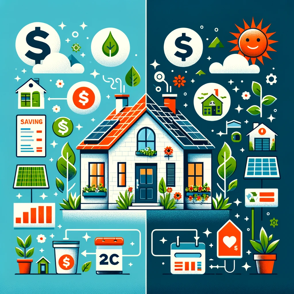 traditional energy-consuming home and a modern home powered by Best Rate Solar panels. This image encapsulates the core benefits of affordability, efficiency, and sustainability offered by Best Rate Solar, using symbolic elements like a dollar sign for savings, a green leaf for sustainability, and a sun for solar energy.